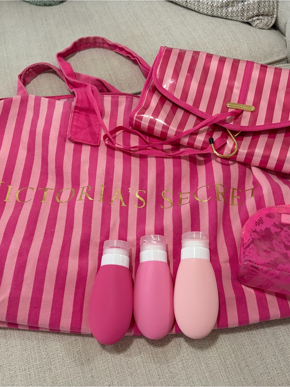 Victoria's Secret Pink Striped Tote set